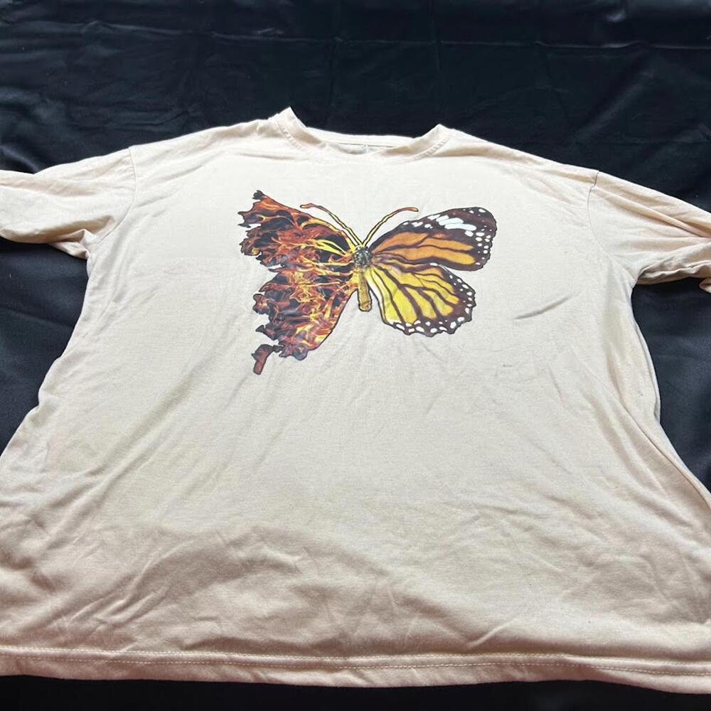 Shein WOMENS Oversized‎ Tan Short Sleeve Shirt with Butterfly Design Size XS